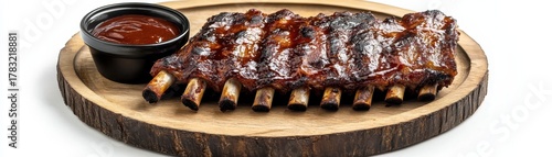 Delicious barbecue ribs served on a wooden plate with sauce.