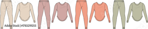 Vector illustration of a women's cozy loungewear collection. Fashion apparel set featuring jogger pants and a long sleeve top in multiple colorways