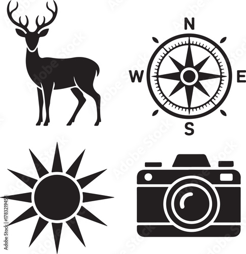 Illustration of Deer, Compass, Sun and Camera Icons for Outdoor Activities
