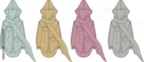 Fashionable Hooded Shirt with Scarf Illustration in Varied Colors