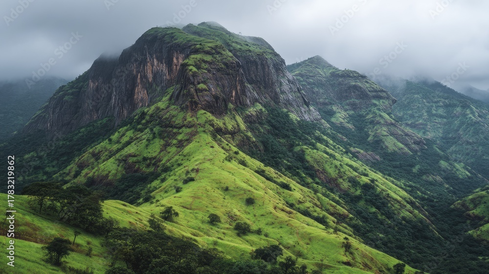 Naklejka premium Lush green mountain slopes under a cloudy sky.
