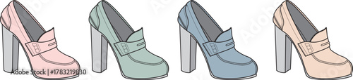Aesthetic collection of four stylish high-heeled shoes in pastel colors, showcasing footwear fashion and elegance