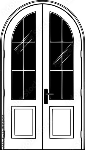 a flat vector illustration of a wooden door with glass panels and a semicircular arch at the top, minimalistic, black and white, clean lines

