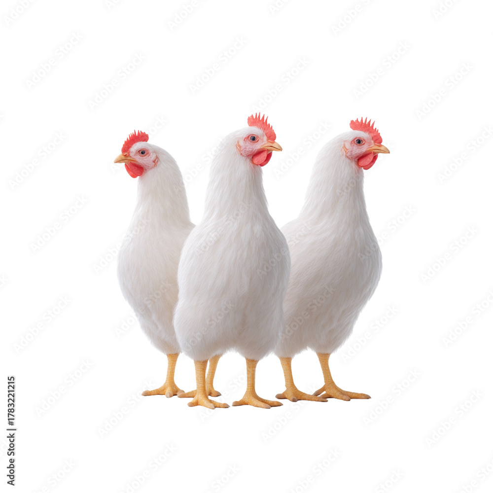 Fototapeta premium White chicken poultry hen bird farm livestock domestic animal standing trio grace calm clean background, bright feathers, soft light highlighting detail and form, quiet rural mood, minimal studio