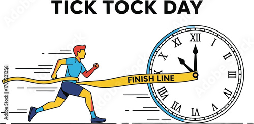 Runner sprinting toward finish line with clock for tick tock day