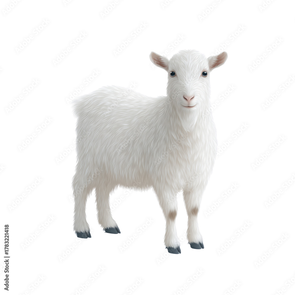 Fototapeta premium White goat farm animal livestock domestic goat fluffy fur standing full body side view isolated transparency background