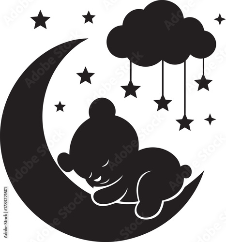 Sweet Baby Bear Sleeping on Crescent Moon Vector - Minimalist Black Silhouette Icon with Stars and Cloud Mobile for Nursery Graphics