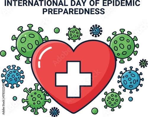 Red heart with cross and virus for international day of epidemic preparedness