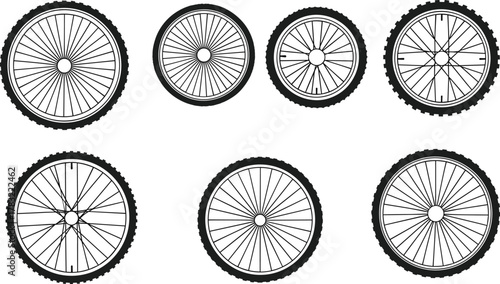 Bicycle wheel collection, tire tread variation, spoke pattern design, cycling gear, bike component, mechanical detail, sport equipment, wheel comparison, illustration