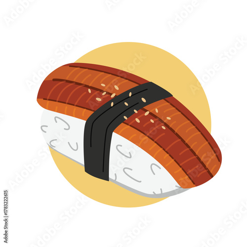 Unagi Sushi Illustration. Delicious unagi nigiri sushi with a grilled freshwater eel placed on top of rice and wrapped with a thin strip of nori