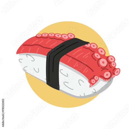 Octopus Sushi Illustration. Delicious tako nigiri sushi with a tender slice of octopus placed on top of rice and wrapped with a thin strip of nori