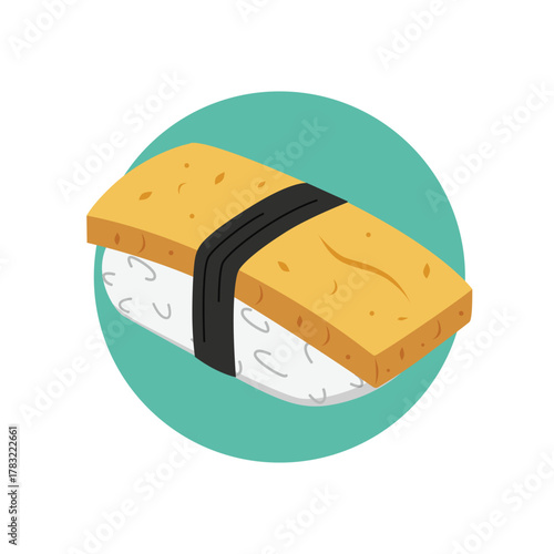 Tamago Nigiri Sushi Illustration. Sweet Japanese omelette placed on top of rice and tied with a thin strip of nori. Perfect for Japanese restaurant menus, Asian food promotions, or sushi-themed design