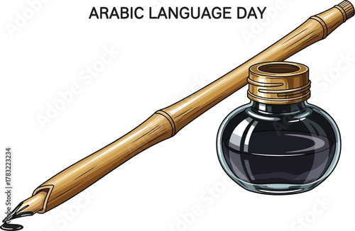 Arabic calligraphy pen and inkwell for arabic language day