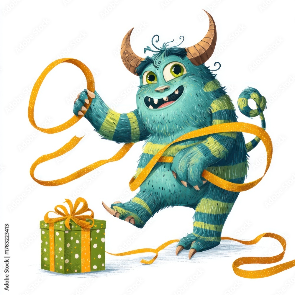 Fototapeta premium Blue monster playing with gift ribbon with transparent background