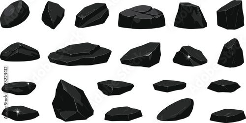 Black rock collection, jagged and smooth shapes, cracked surfaces, mineral texture, natural elements, geology asset, design resource, digital illustration