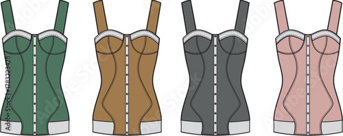 Fashionable collection of vintage-inspired bustier corsets in four different color variations. A stylish set for retro lingerie design and classic glamour