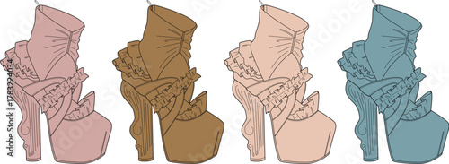Four pairs of stylish high-heeled boots with ruffles and bows in varying pastel shades