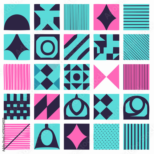 Vibrant abstract geometric pattern in playful teal and pink, perfect for modern designs, textiles, and eye catching backgrounds, originally a scalable vector graphic