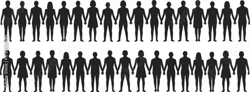 Human silhouettes holding hands in unity, diverse people figures in rows, community teamwork concept, solidarity illustration, togetherness graphic, diversity support, equality connection design