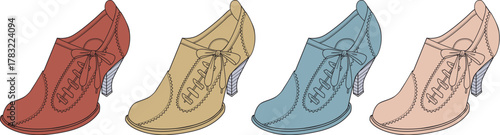 Fashion illustration showcasing a colorful collection of vintage-style heeled ankle boots. A concept of personal style, choice, and variety in women's footwear