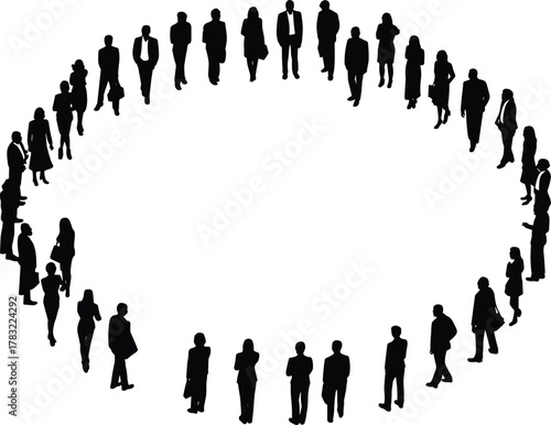 Silhouette people circle formation, diverse group unity teamwork collaboration, community inclusivity concept, multicultural individuals standing together, social interaction support, 