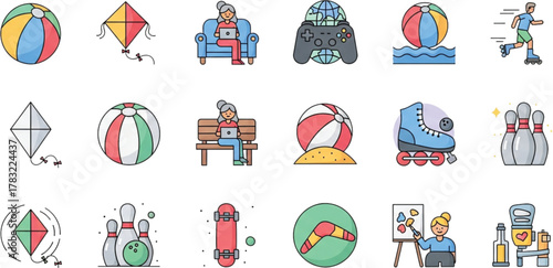 Vector set illustration of cartoon icons of people doing fun sport and business
