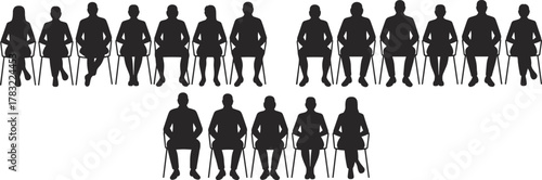 Silhouette people sitting on chairs, group seating arrangement illustration, audience figures in rows, teamwork concept, social gathering, classroom training, business meeting, conference design