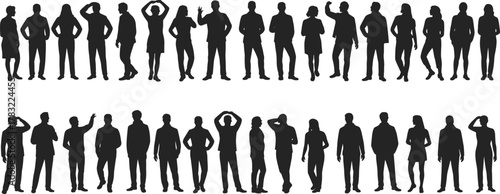 Silhouette people standing poses, casual stances, hands on hips, arms crossed, repeated figures, black shadow design, human outline pattern, vector illustration, artistic concept