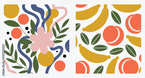 Split Image Displaying Two Contrasting Abstract Patterns with Organic Shapes and Fruits vector illustration