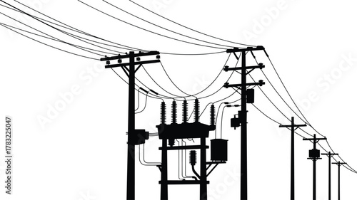 Utility pole electrical transformer infrastructure, power distribution system illustration, urban electricity grid vector, energy transmission lines artwork, industrial utility equipment drawing, 