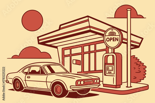 “Road trip essentials: car, gas station, motel, diner, nostalgic vector”
