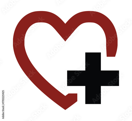 Illustration of a heart outline in reddish brown color with a black plus sign to the right side of it