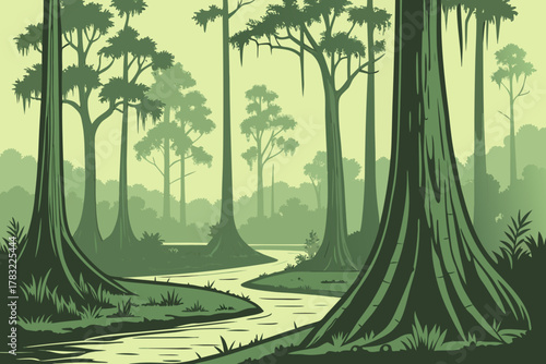 “Francis Marion Forest with swamp and cypress trees, southern vector”