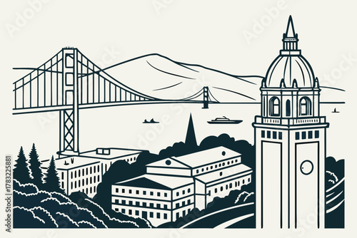 “Berkeley California with campus and bay view, minimalist vector”