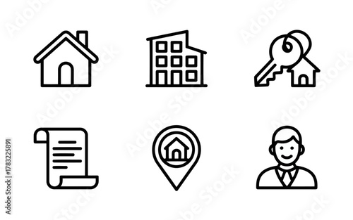 A clean and modern real estate icon set featuring six different style illustration and white background funny illustration cartoon black outline designs. Includes house, apartment building, 