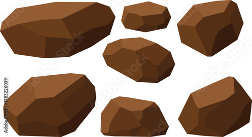 Low poly brown rocks, 3D stone models, stylized geometry, game asset, digital environment, angular shapes, simulation, modeling, texture, design