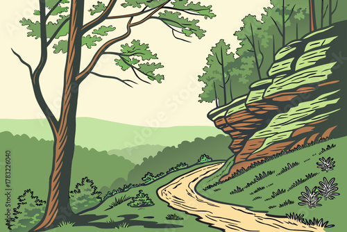 “Daniel Boone Forest with cliffs and forest trail, rustic vector”