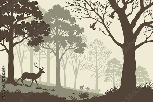 “Allegheny National Forest with misty trees and wildlife, moody vector”