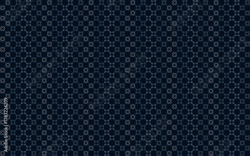 Geometric seamless abstract pattern with blue n grey mini leaves composition in a square on dark blue background. Vector illustration, for masculine shirt lady dress cloth cover decoration textile