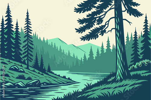 “Lolo National Forest with alpine lake and forest, clean vector”