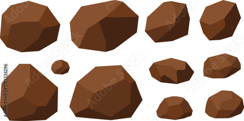 Low poly rock collection, brown 3D stones, game asset, stylized geology, angular shapes, digital environment, simulation, modeling, texture