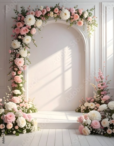 A pristine white arched backdrop adorned with delicate pink and white floral arrangements for a celebratory event, bathed in soft light