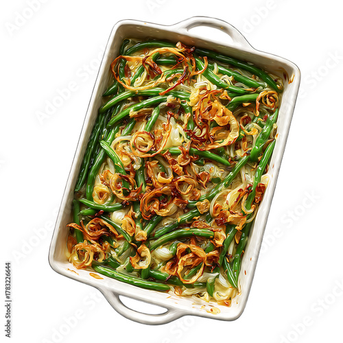 A casserole dish filled with green beans and fried onions on a black background in a high angle shot