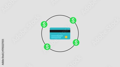An abstract motion graphic centered around a blue credit card in an orbital pattern
