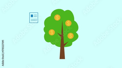 A bright motion graphic featuring a Money Tree growing golden coins with dollar signs