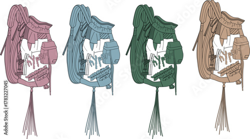 A vibrant collection of four ornate, stylized equestrian saddles, each rendered in a unique color palette for creative design concepts