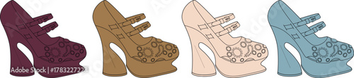 A collection of retro 70s style platform Mary Jane high heels. Vector illustration set showcasing vintage fashion footwear in various pastel and earth tones