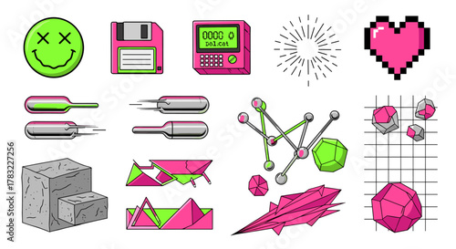 A vector graphic element pack, Y2K nostalgia aesthetic, including 90s style cartoon icons, retro futuristic shapes, and abstract brutalist elements, vibrant pink and neon green, isolated on white back