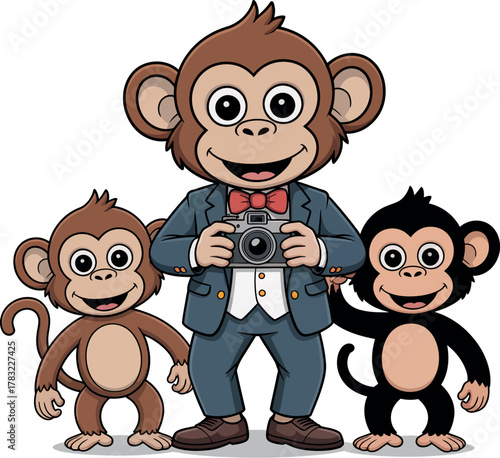 Three stylized cartoon monkeys pose with a camera, with the central monkey dressed in a suit.