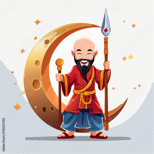 Bald monk with spear and staff near moon